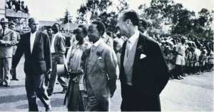 Sir Fredrick Edward Kabaka Mutesa arrives accompanied by her sister in law sarah Nasonkole and Derek Erskine a member of the Legico - Bizna