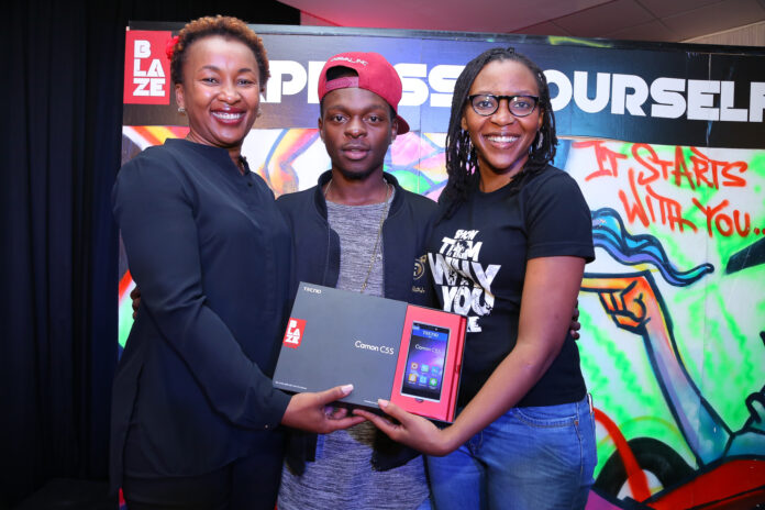 Sylvia Mulinge (L), Shatheyungin and Marion Njeri at the BLAZE launch - Bizna