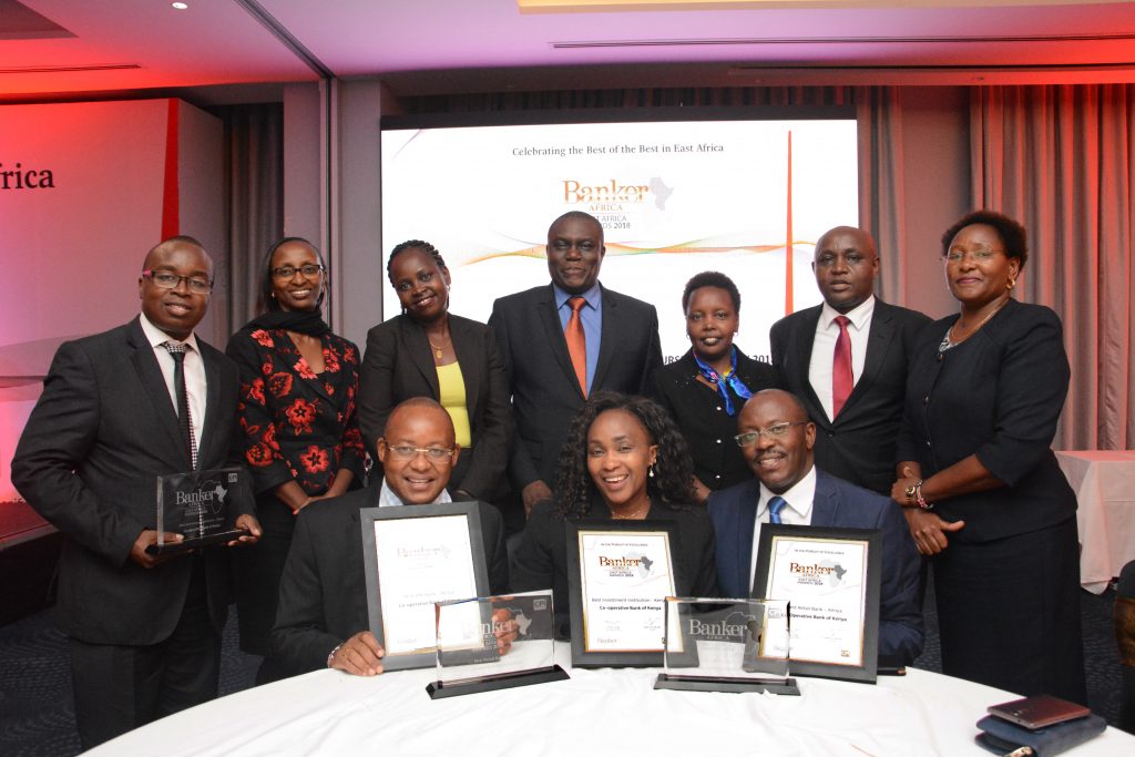The Haul of the Winning Team: Coop Bank Team with the triple harvest of awards won at the Banker Africa 2018 Awards held at Radisson Blu Nairobi. The Bank was recognized as Best SME Bank in Kenya, Best Retail Bank in Kenya and Best Investment Institution.