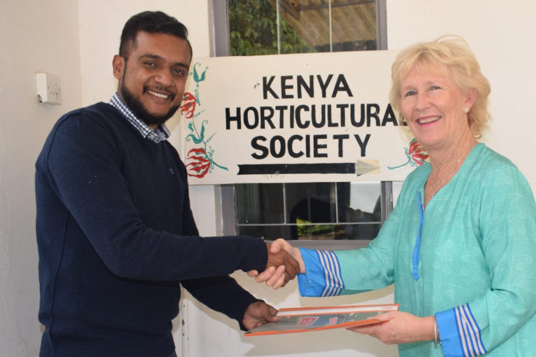 FLOWER SHOW. Mehul Sutar (left), the Operations Manager of Home Garden and Patio hands his booking for the Kenya Flower and Plant Show to Sally Davey (right), the Kenya Horticultural Society, Nairobi District Chairman. Over 100 exhibits will be on display in this year’s Show on May 26th and 27th at the SSDS Temple on Lower Kabete Road. - Bizna