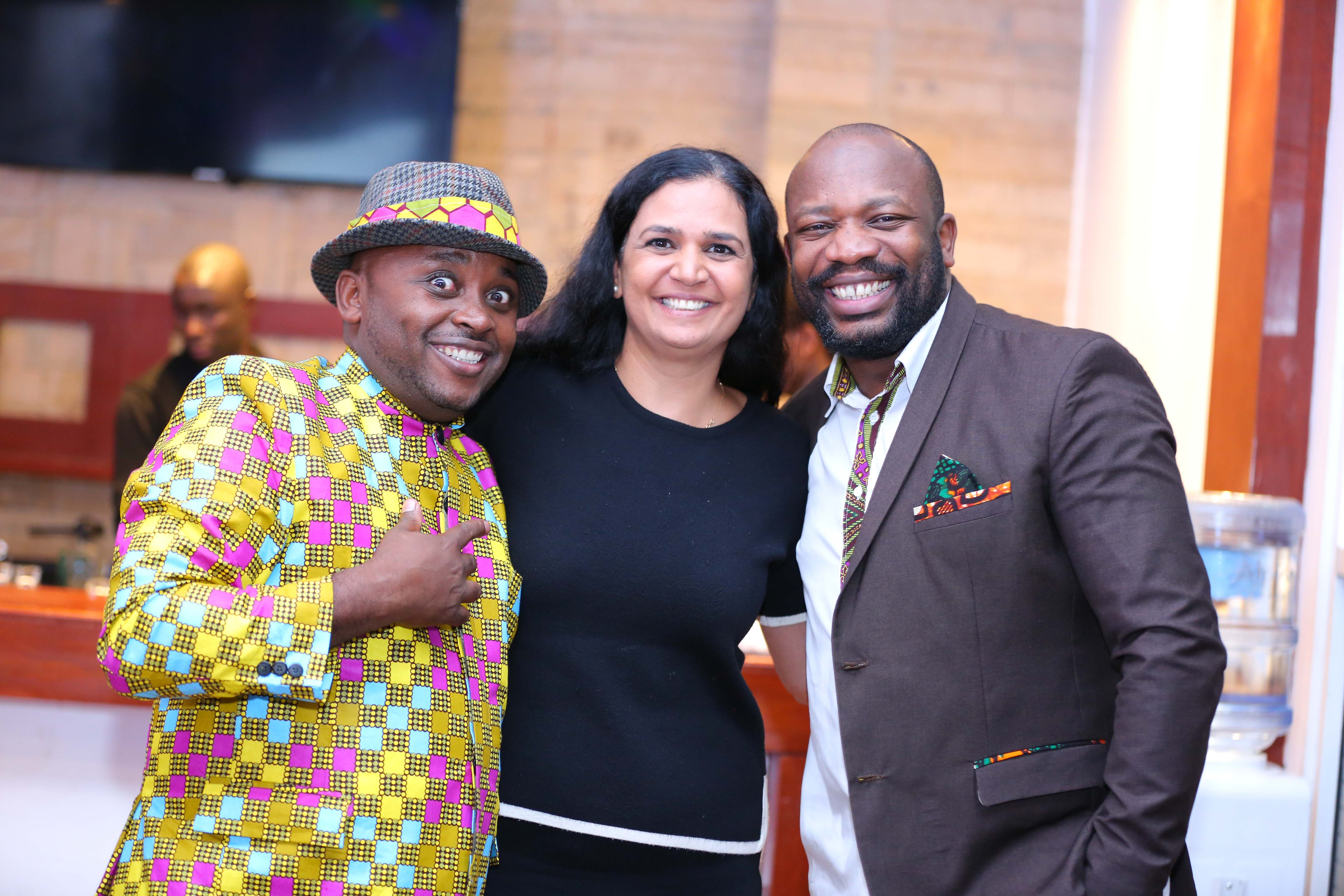 Mogaka (left), Safaricom, Head of Events and Sponsorship, Zaheeda Suleman (centre) and Larry Asego pose for a photo during the Safaricom, Twaweza Live Launch at Michael Joseph centre - Bizna