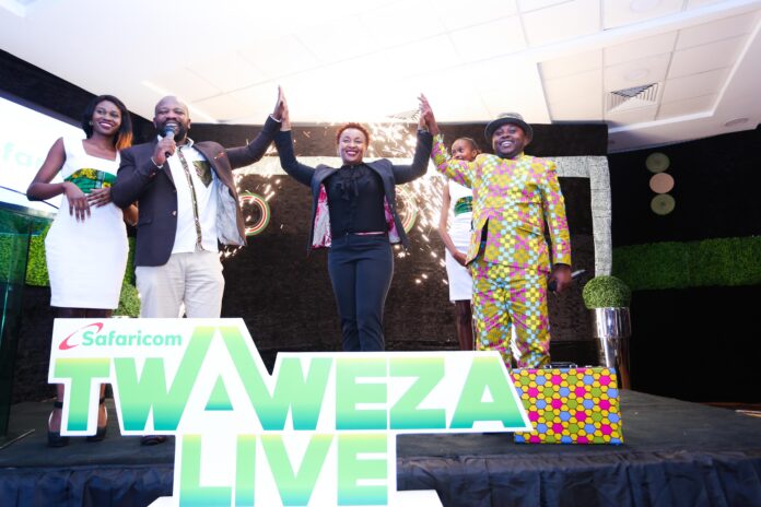 Mogaka (right), Safaricom, Director of Consumer, Business Unit Sylvia Mulinge (centre) and Larry Asego (left) unveil the Twaweza Live during its launch at Michael Joseph centre. - Bizna