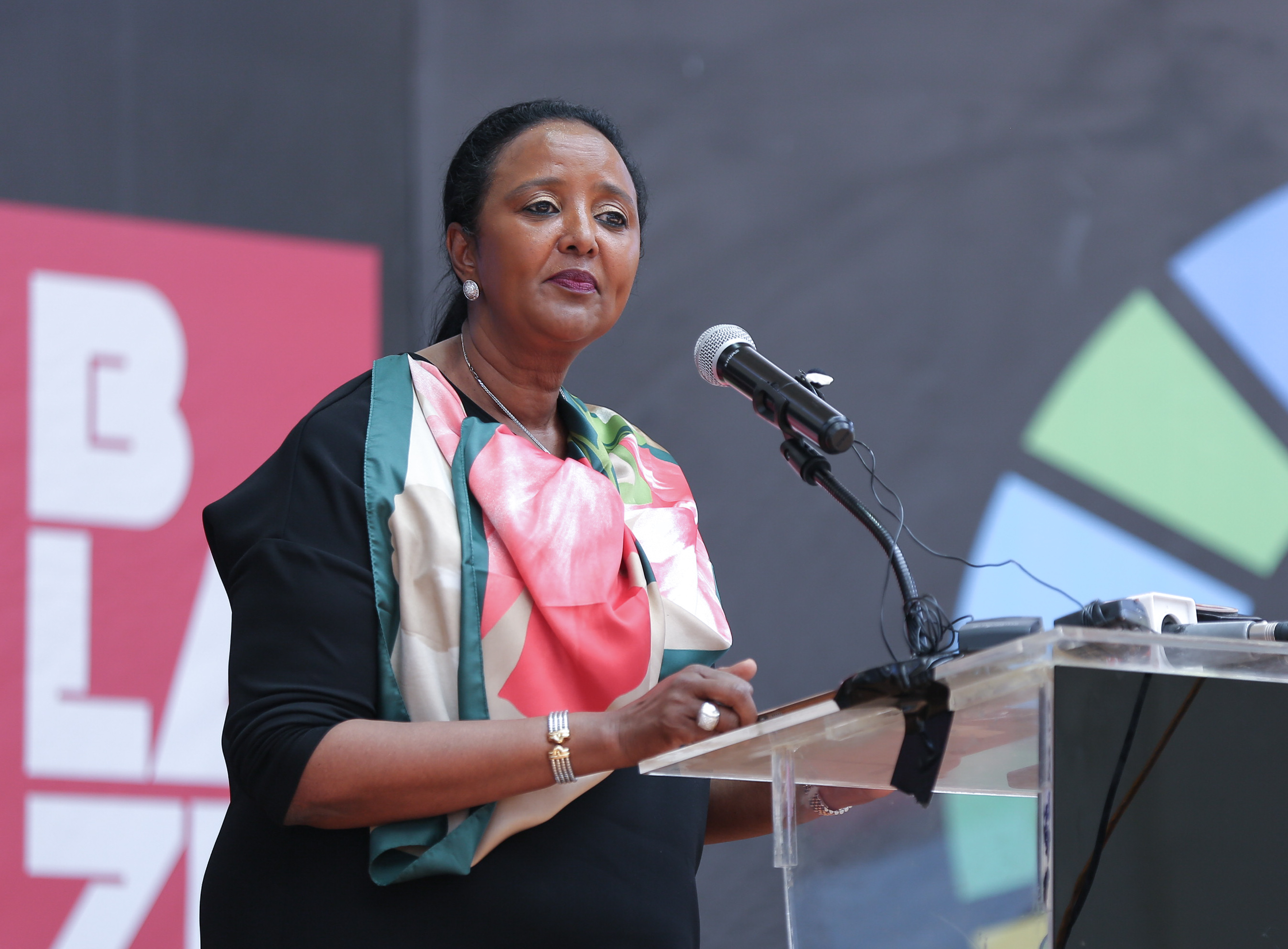 Education CS Amina Mohamed speaking during the launch of great debaters contest Season 8 a held at Mpesa Academy. - Bizna