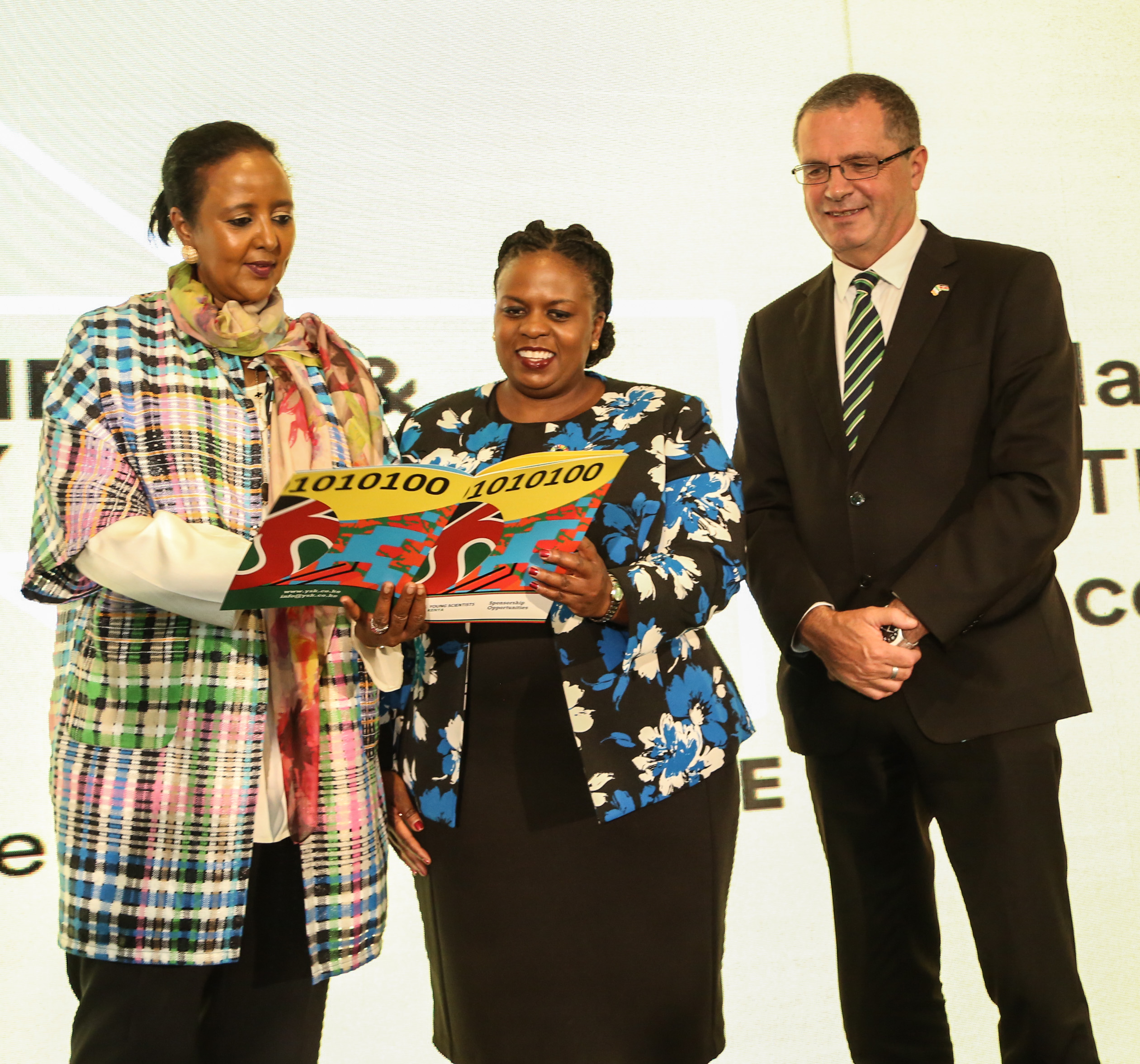 From left: CS Education, Ambassador Dr. Amina Mohammed, Safaricom Head of Corporate Responsibility. Ms. Sanda Ojiambo and Irish Ambassador to Kenya. Dr. Vincent O’Neill during the launch of Young Scientist Kenya National Technology and Exhibition at the Intercontinental Hotel Nairobi.