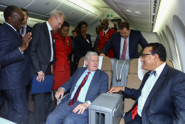 CS Transport James Macharia, US Ambassador Bob Godec, U.S Under Secretary for Commerce, Gilbert Kaplan and CS Tourism Najib Balala have a feel of the KQ Dreamliner during the luncheon with the US trade delegation.