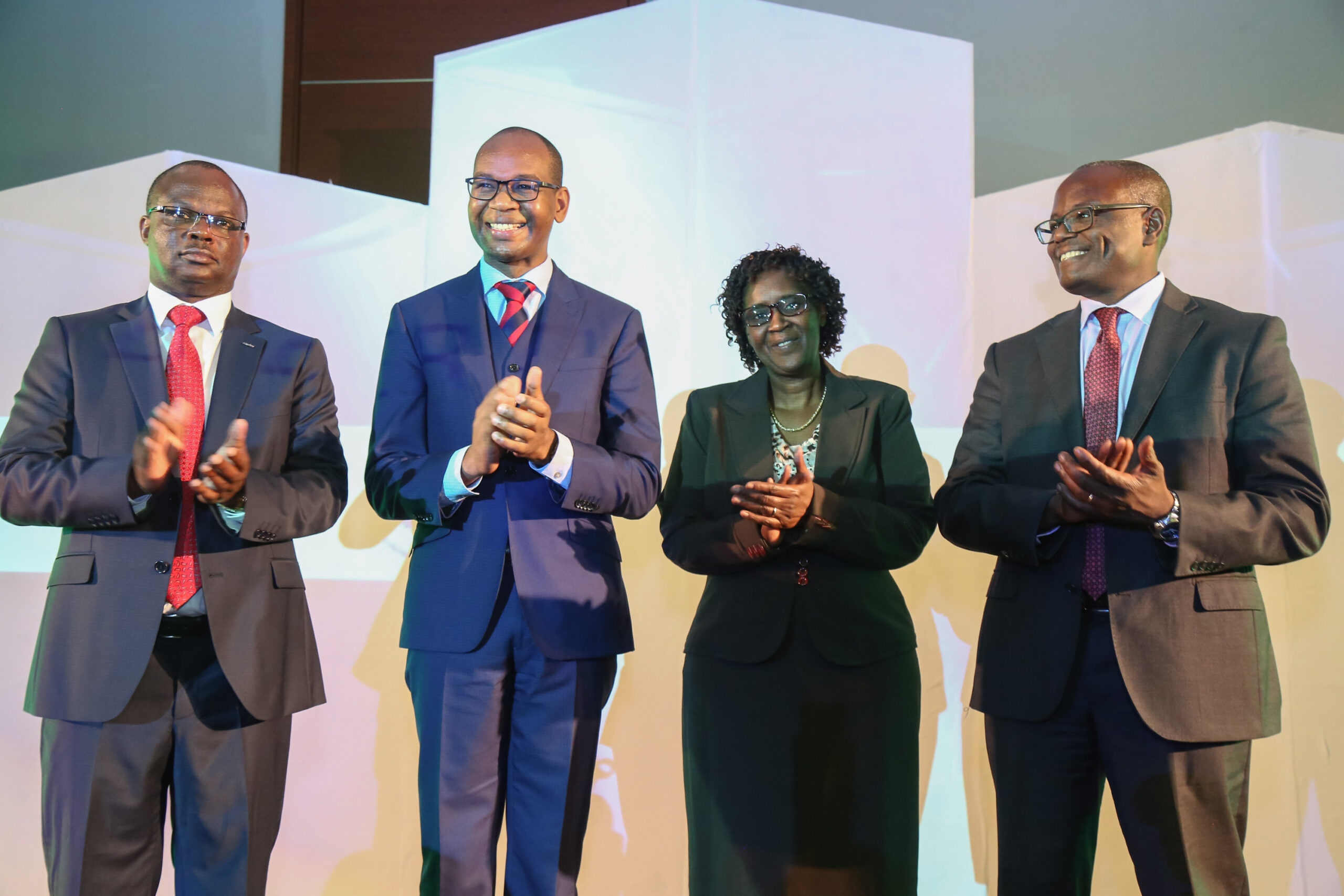 From left to right KCB Group Insurance Agency Managing Director Peter Kathanga, KCB Group Chief Executive Officer Joshua Oigara, Insurance Regulatory Authority Chief Technical Officer Agnes Ndirangu and Liberty Life Insurance Kenya Managing Director Abel Munda during the launch of KCB Elimisha Insurance product for securing education policy.