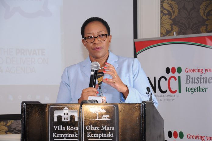 Health CS Sicily Kariuki addresses members of the private sector during the Big 4 Dialogue Luncheon on Health organized by KNCCI