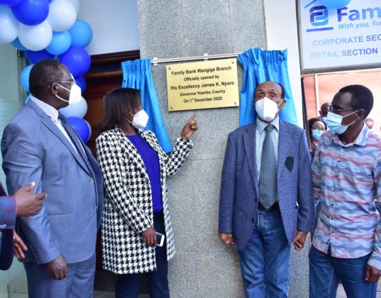 Kiambu County Governor James Nyoro, Family Bank CEO Rebecca Mbithi, Director T.K. Muya and Kabete MP Hon Wamacukuru James Githua during the official opening of the bank's 91st branch in Wangige