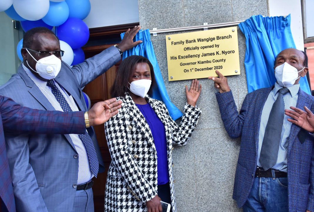 Kiambu County Governor James Nyoro, Family Bank CEO Rebecca Mbithi, Family Bank Director T.K. Muya during the official opening of the bank's 91st branch in Wangige