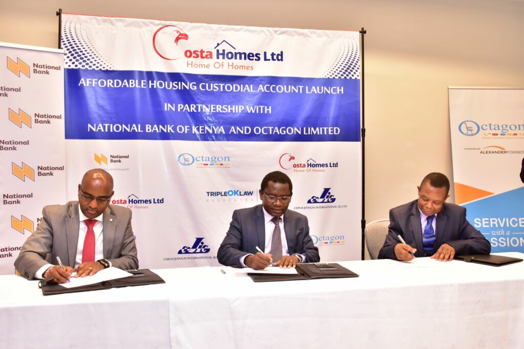 National Bank MD Paul Russo, Octagon Africa Group CEO Fred Waswa & Costa Homes MD Dr Constantine Mwadime during signing of partnership with Costa Homes to enhance safety of buyers of affordable housing project - Bizna Kenya