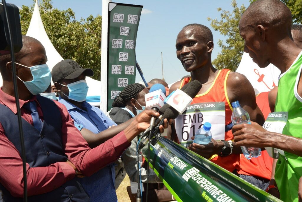 Kibiwott Kandie of Embakasi Garrison talks to the press after winning the 10 km men’s race at this year’s KDF Annual Cross-country Championships held at the Moi Air Base in Eastleigh Nairobi on Friday 29 January 2021 - Bizna Kenya