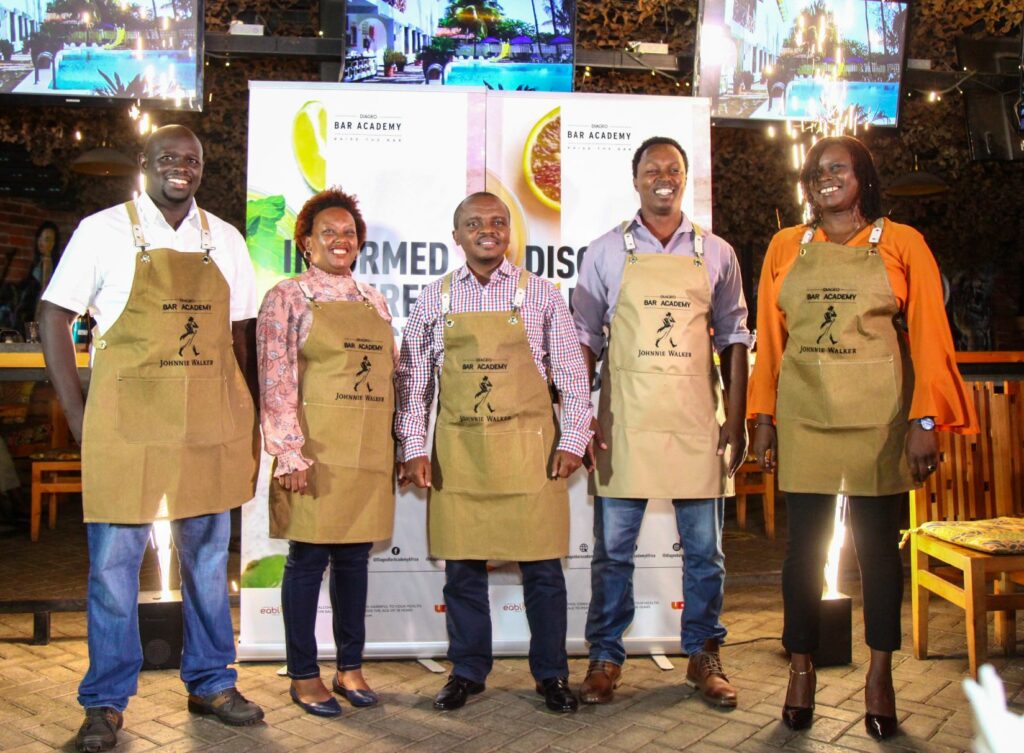 (L-R) Joel Kamau, KBL Commercial Director, Yvonne Mwangi, EABL Head of Sales Nairobi , Nick Mutinda, EABL Head of Reserve(Luxury) and Key Accounts, Joseph Kagigite, EABL Shopper Marketing Manager, Beers and Flavia Othim, KBL Head of Spirits at the launch of the Diageo Bartenders Academy at K1 Johnnie Walker Bar. The Academy intends to train 10,000 bartenders in the country over the next four months - Bizna Kenya