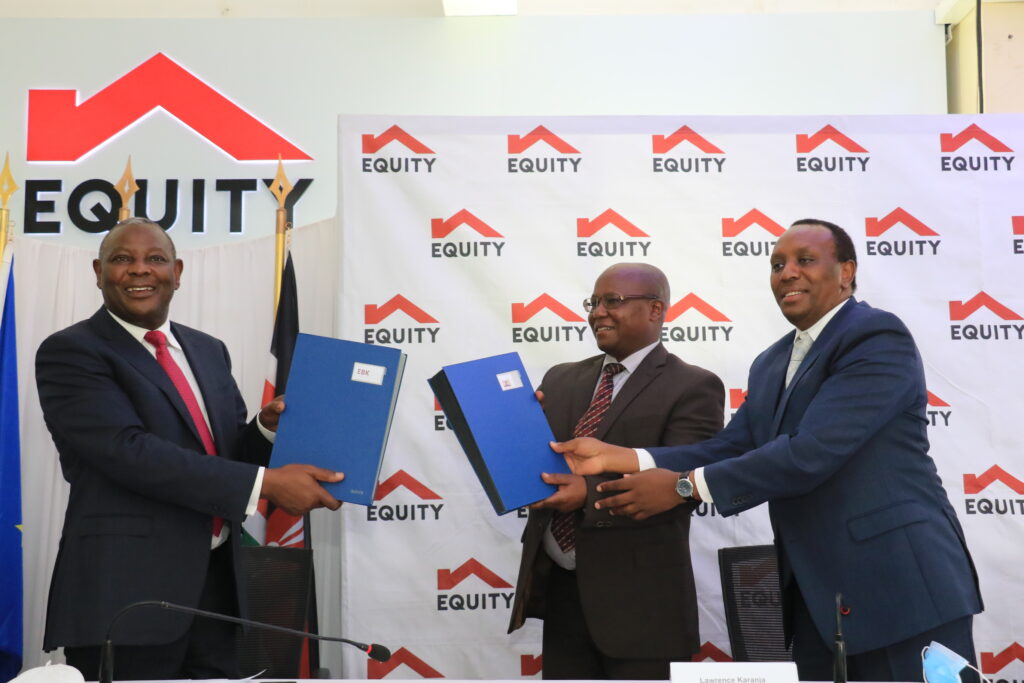 Equity Group MD & CEO, Dr. James Mwangi (left), CAS Ministry of Industrialization, Trade and Enterprise Development, Lawrence Karanja (centre) and Principal Secretary State Department for Industrialization, Ambassador Peter Kaberia CBS (right), display the signed partnership documents. Equity Group has signed a Kshs 16.5 Billion facility with the European Investment Bank (EIB) and the European Union (EU) in its continued commitment to strategically walk with women and youth run MSMEs as well as those in agriculture during and post the COVID-19 pandemic - Bizna Kenya