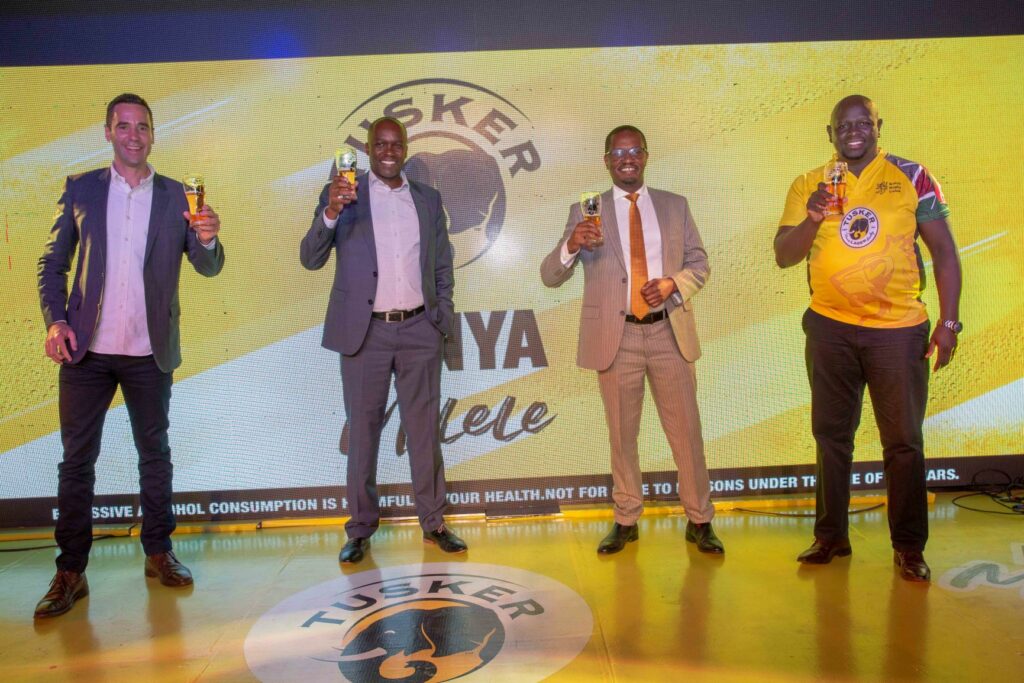 From Left: East African Breweries Limited (EABL) Marketing & Innovations Director Graham Villiers-Tuthill (Left) and Kenya Breweries Limited (KBL) MD John Musunga, EABL's Corporate Relations Director, Erick Kiniti and EABL’s Commercial Director, Joel Kamau during the official launch of the Kenya Milele Campaign at K1 Club House in Nairobi - Bizna Kenya