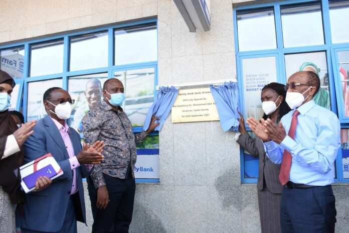 Family Bank Chairman Dr.Wilfred Kiboro, Isiolo County Secretary Dr. Ahmed Galgalo & Family Bank CEO Rebecca Mbithi, Founder T.K. Muya during the official opening of Family Bank's first branch in Isiolo