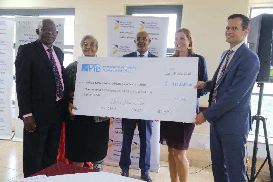 L-R: Dean, School of Pharmacy and Health Sciences Prof. Francis Ndemo, Interim Vice Chancellor, Prof. Freida Brown, CAS, Ministry of Health, Dr. Rashid Aman, Dr. Christina Foerg-Wimmer and Mr. Thomas Wimmer, Deputy German Ambassador to Kenya during the signing ceremony - Bizna Kenya