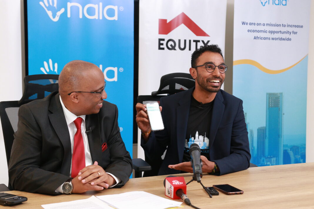 Benjamin Fernandes, NALA CEO (right) displays the NALA App alongside Robert Kiboti, Equity Head of Private Banking (left) during the launch of a partnership between NALA and Equity Bank Kenya to facilitate diaspora remittances into Kenya. The partnership will allow Kenyans living in the United Kingdom and United States send money directly from their banks, through the NALA app, instantly and at the most competitive rates to Equity Bank Kenya accounts and other mobile wallets - Bizna Kenya