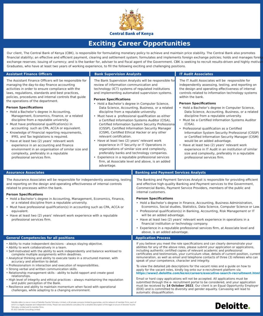 CBK announces available jobs for 6 high paying positions. See requirements and qualifications to apply