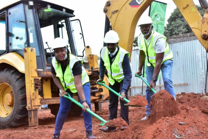 Safaricom Investment Co-operative CEO Sarah Wahogo, Director Housing-Kiambu Julius Mwololo and Chairman Peter Gichangi during the groundbreaking of The Miran Residence