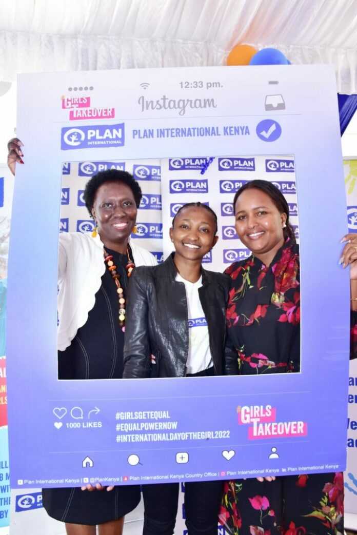 Nairobi County Nominated Senator Hon. Tabitha Mutinda, Plan International Peer Educator Hildah Viendah & Country Director Atieno Onyonyi during celebrations to mark the International Day of the Girl Child. The celebrations were a culmination of the 10 years celebrations since the inception of the International Day of the Girl ‘Take Over’ concept by Plan International Global - Bizna Kenya