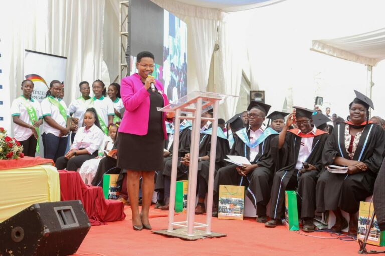 Head of KCB Foundation Caroline Wanjeri addressing KCB 2jiajiri Programme beneficiaries graduating from Mawego Technical Training Institute in Homabay County - Bizna Kenya (Picture Courtesy)