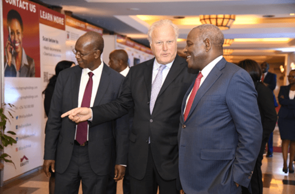 Dr. James Mwangi, Equity Group Managing Director and CEO (right) and Prof. Isaac Macharia, Equity Group Board Chairman (left) take Lord Marland of Odstock Chair of the Commonwealth Enterprise and Investment Council (CWEIC) (center) through the exhibition walkway during the official launch of the Commonwealth Enterprise and Investment Hub for East and Central Africa in Nairobi. Dr. Mwangi has been named the inaugural Chairman of the CWEIC East and Central Africa hub which will promote trade and investment by positioning the region strategically - Bizna Kenya (Picture Courtesy)