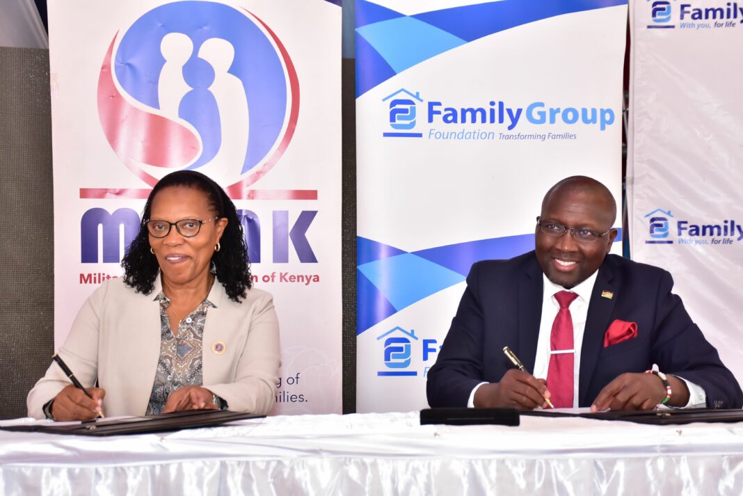Military Wives Association of Kenya Chair Tabitha Kibochi & The Family Group Foundation Chair Dr. Francis Muraya during the signing ceremony of the KES. 10 million partnership set to provide technical and vocational skills to 100 dependents of the Kenya Defence Forces servicemen and women - Bizna Kenya (Picture Courtesy of Family Group Foundation)