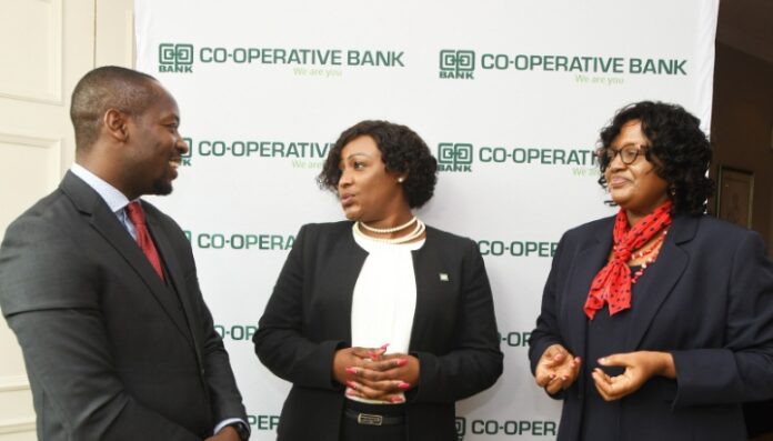 Head of Legal Services at Kenya Mortgage Refinance Company Elisha Nyikuli, the Director, Corporate & Institutional Banking at Co-op Bank Jackie Waithaka and the Chief Executive Officer of National Co-operative Housing Union Mary Mathenge at the stakeholders' workshop for the Co-op Bank-KMRC Affordable Mortgage held at Fairmont Norfolk Hotel on Thursday 23 March 2023. PHOTO|BIZNAKENYA