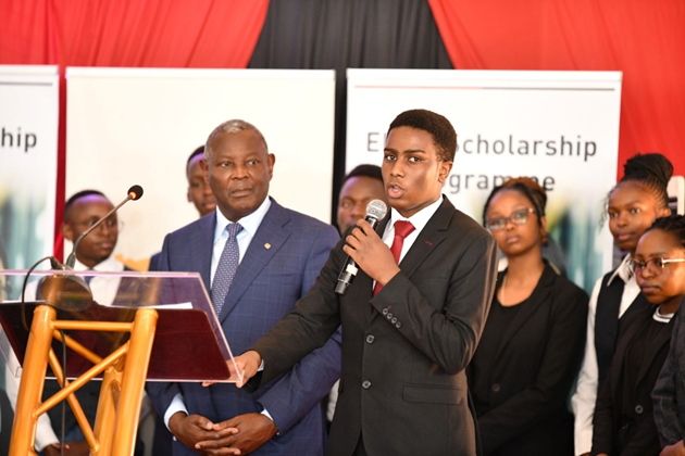 Terrence Maina (Right), an Equity Leadership Program(ELP)scholar narrates his story alongside Equity Group Foundation Executive Chairman Dr. James Mwangi (Left) during the 13th Annual Education and Leadership Congress held at Pangani Girls High School Photo/Bizna