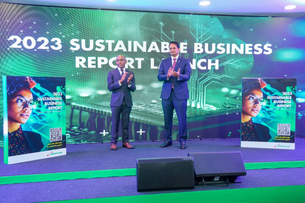 Safaricom PLC Chairman, Adil Khawaja with Safaricom PLC CEO, Peter Ndegwa during the launch of the 2023 Safaricom Business Report held at Michael Joseph Center Nairobi - Bizna Kenya