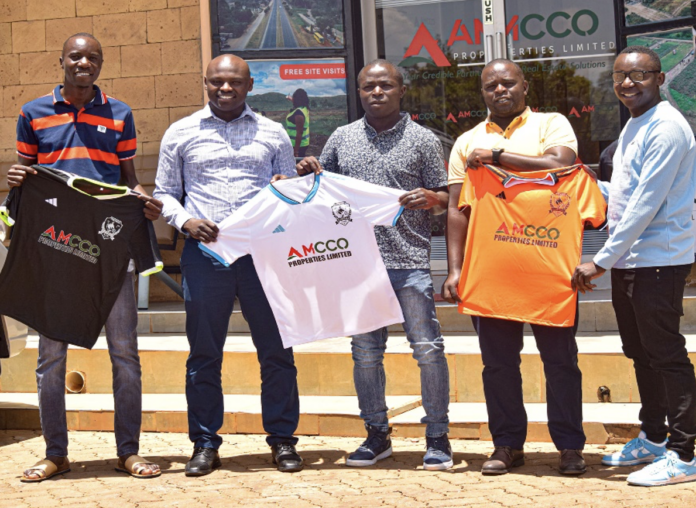 In the pictures: CEO Amcco Properties Ltd, Mr Kimani Muturi Second Left, Panthers football club Chairman Mr Russel Ochola Second right during the signing of the sponsorship deal - Bizna Kenya