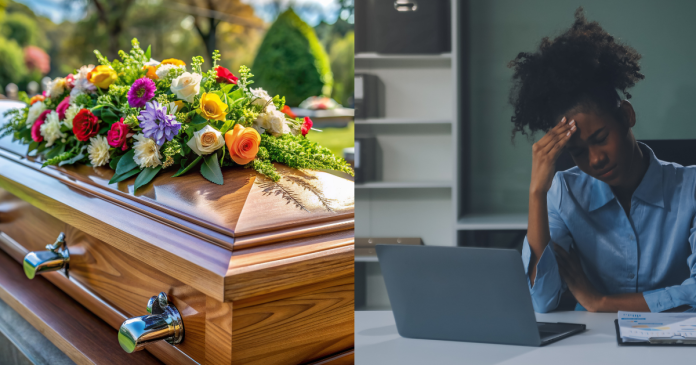 Picture of coffin with flowers, right frame show picture of a sad employee.