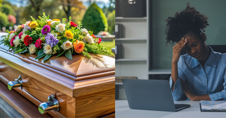 Picture of coffin with flowers, right frame shows picture of a sad employee.