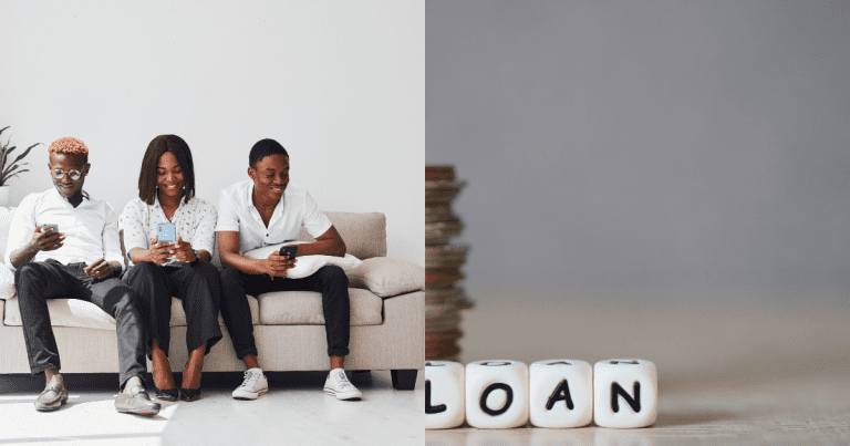 Young African youth look at their phones. Right image shows an illustration of loan.