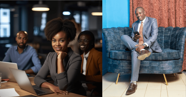 Illustration of employees (l). Right frame shows career coach Kelvin Waga.