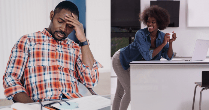 Tired african man looking at his laptop thinking about business problems (l). Right is smiling black woman doing her budget.