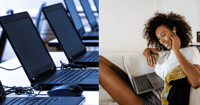 Woman using her laptop (r), laptops on display in a shop.