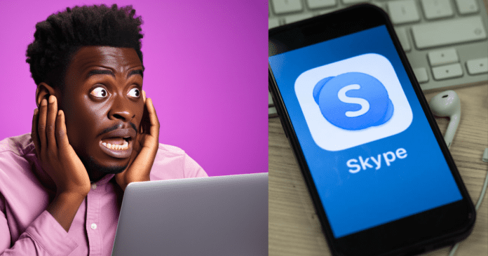 Shocked man. Skype logo on phone.