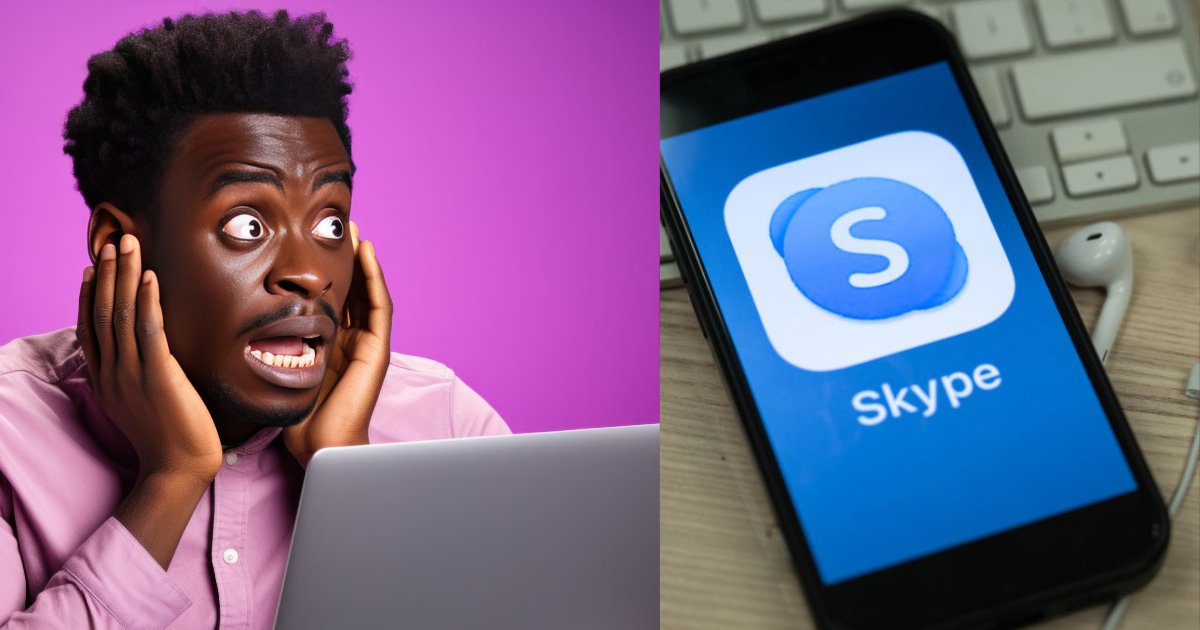 Shocked man. Skype logo on phone.