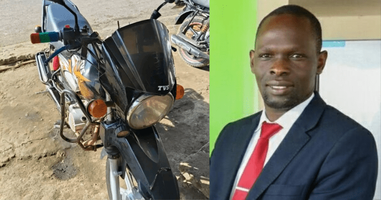 Left image shows a motorbike used for boda boda business. The right image is a headshot of Dr Dennis Adison Ouma.