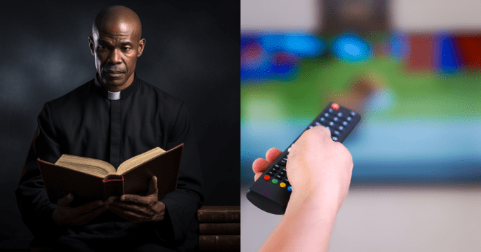 Left image shows an AI-generated African pastor holding a Bible, while the right image shows a person holding a remote control and operating a TV screen with blurred content; images courtesy of Vecteezy