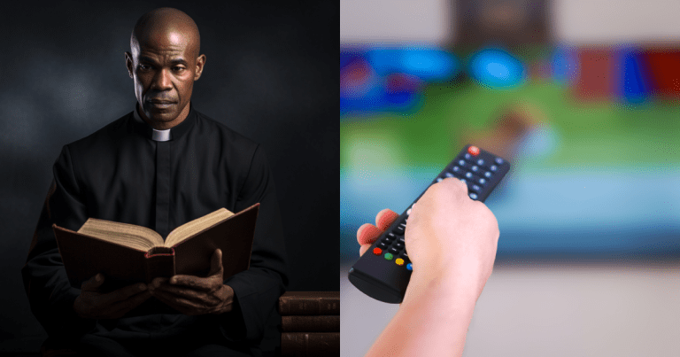 Left image shows an AI-generated African pastor holding a Bible, while the right image shows a person holding a remote control and operating a TV screen with blurred content; images courtesy of Vecteezy