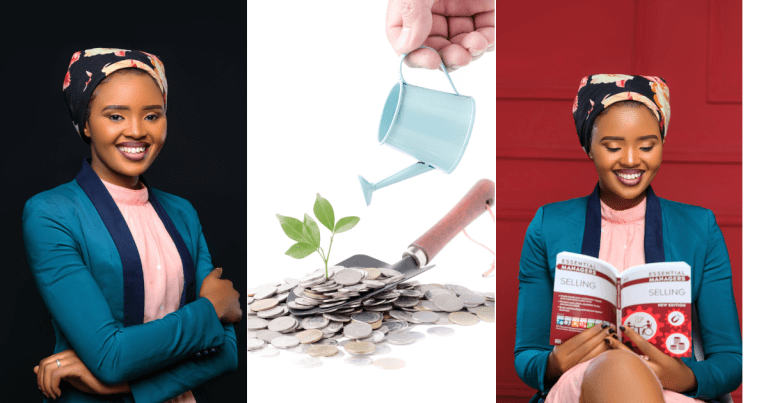 Personal finance expert Margaret Njeri (l and r) c Businessman watering a tree growing out of silver coins on gardening trowel Free Photo.