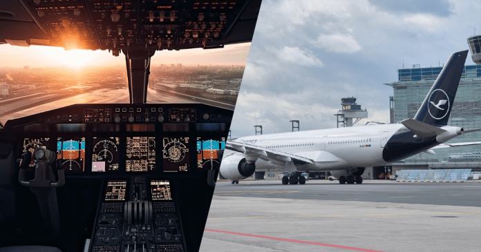 Left: Cockpit of a modern passenger jet. Right: A Lufthansa aircraft at an airport.