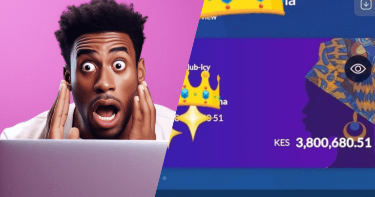 Left: AI-generated image of a man on a laptop (Vecteezy). Right: Screenshot of a Kenyan’s account balance