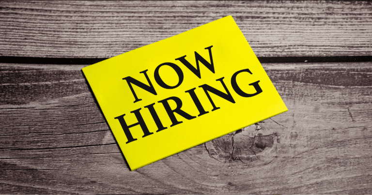 In the yellow sticker the text concept word Now Hiring Free Photo