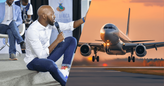 Larry Madowo (l). Right frame shows  Airplane in sky background