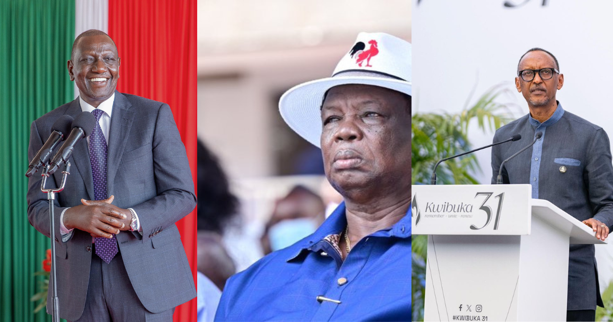 President William Ruto (l), COTU boss Francis Atwoli (c), and Rwanda President Paul Kagame (r).