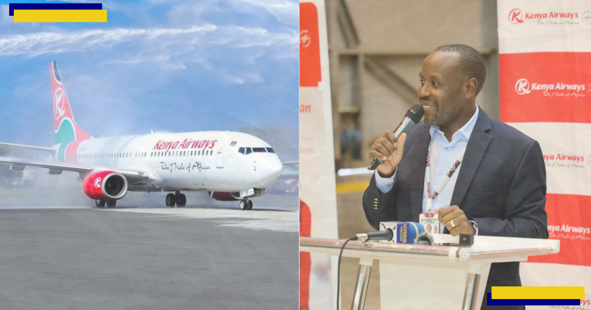 KQ CEO Allan Kilavuka, KQ plane, receives water alute.