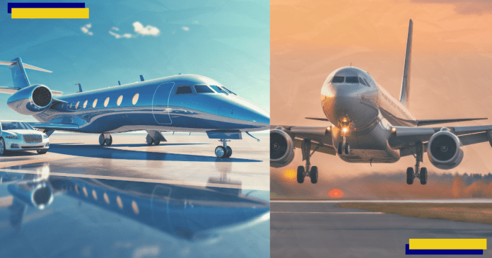 Collage of private jet (l) and commercial airline. Collage of a private jet (l) and a commercial airline.